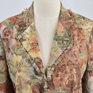Spirit Coldwater Creek Silk Blazer Jacket Sz 10 Tan Green Floral Buisness Wear